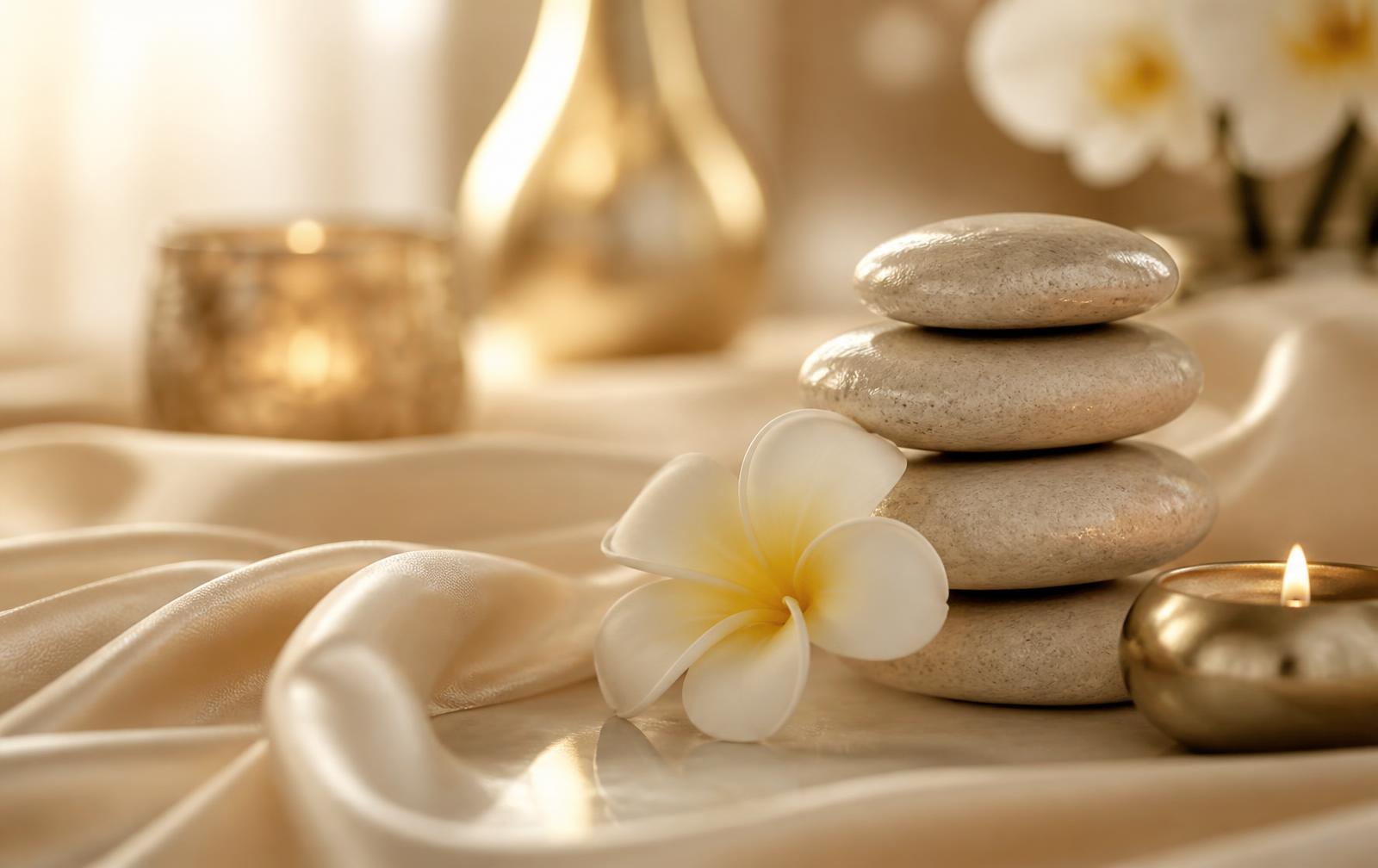 Warm spa setting with stacked stones, a frangipani flower and silk fabric
